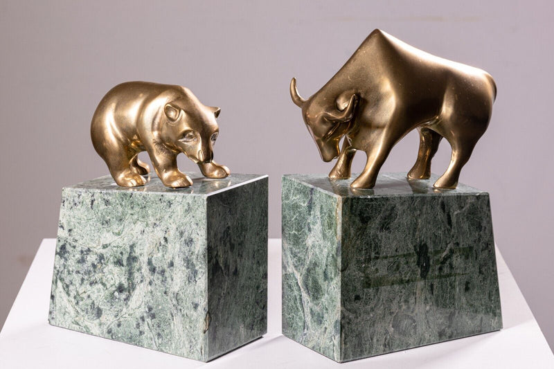 Pair of Art Deco Brass & Marble Bull and Bear Bookends