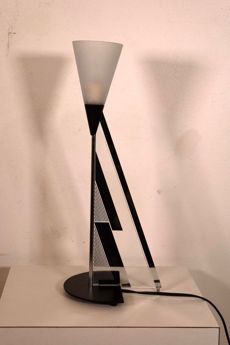 Canetti Mid Century Modern Triangular Shaped Lamp on Black Semi Circle Base