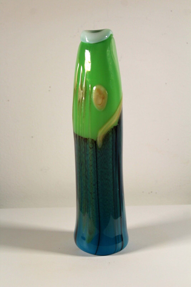 Jack Schmidt Postmodern Studio Handblown Glass Tall Green and Blue Vase 1975