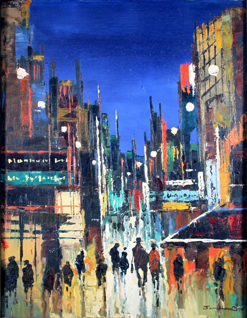 Mid Century Modern Nightscape Oil Painting on Canvas Framed Signed Joan Hwan Cho