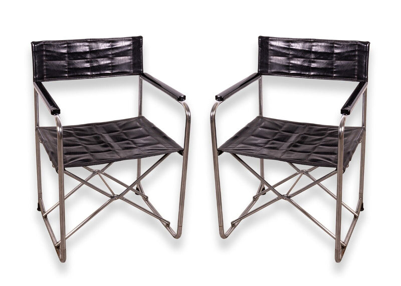 Mid Century Modern Pair of Folding Leather and Chrome Italian Director Chairs