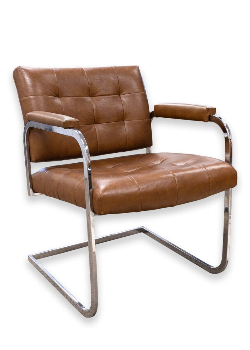 Set of 4 Patrician Mid Century Modern Brown Leather Chrome Cantilever Chairs