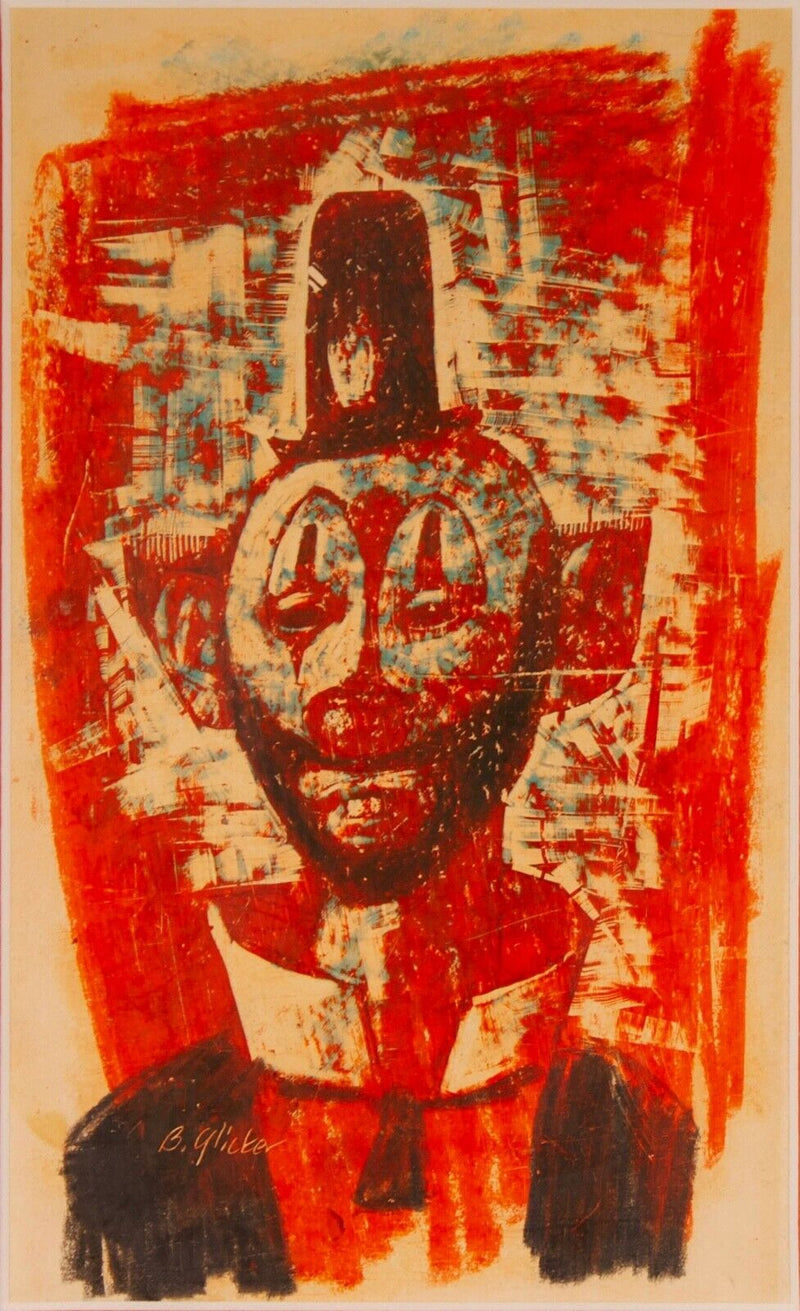 Benjamin Glicker Signed Mid Century Modern Clown Portrait Drawing on Paper Frame