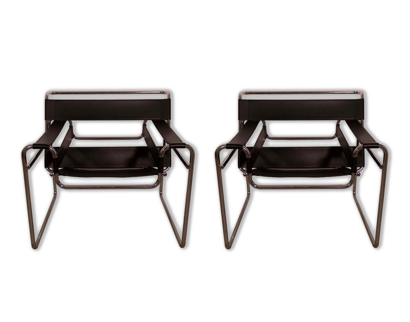 Pair of Vintage Black Leather and Chrome Wassily Style Chairs Mid Century Modern