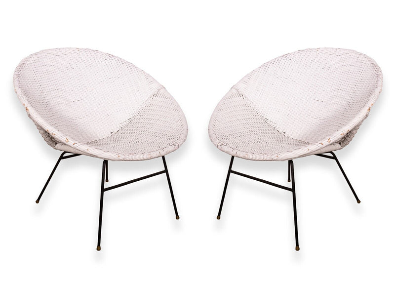 Mid Century Modern Pair of White Scoop Rattan Chairs