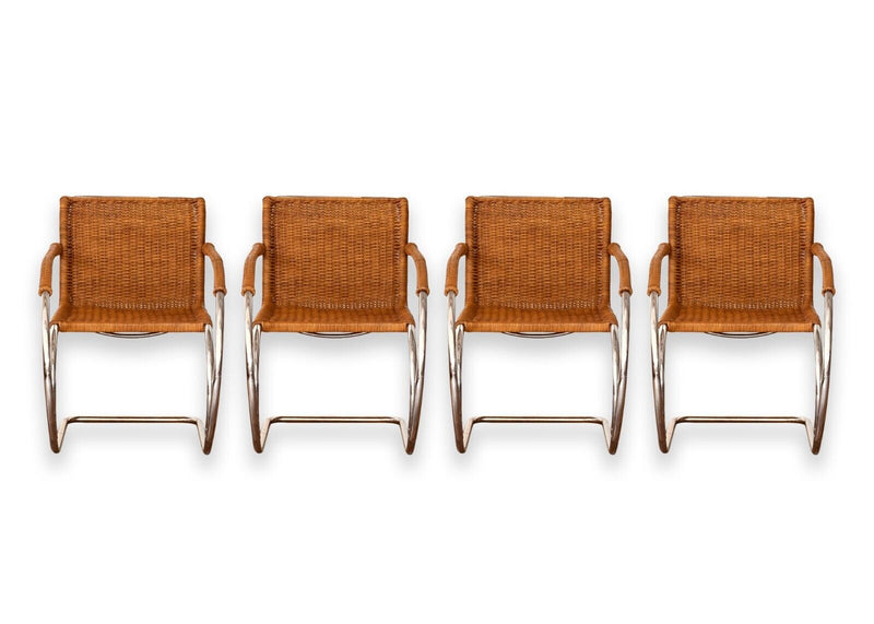Set of 4 Mies Van Der Rohe MR20 Mid Century Modern Wicker and Chrome Armchairs