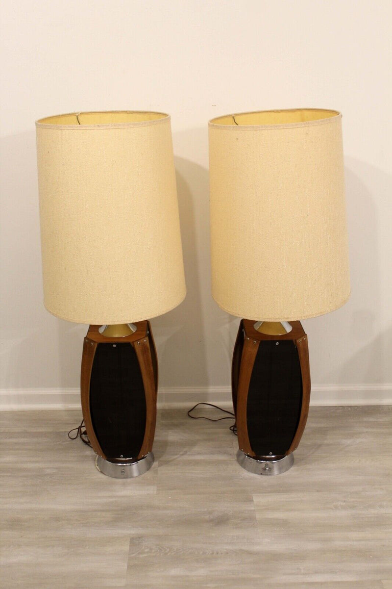 Mid Century Modern Pair of Smoked Glass & Wood 1970s Lamps