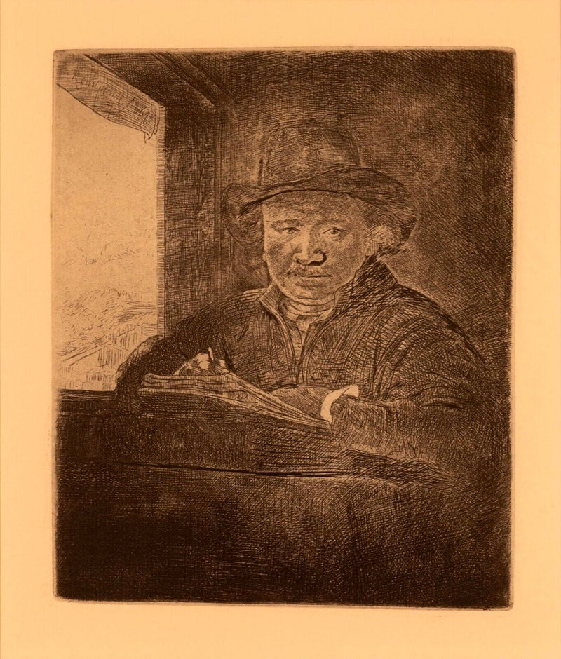 Rembrandt Van Rijn Self Portrait Drawing at Window 1648 Etching Millenium Ed.