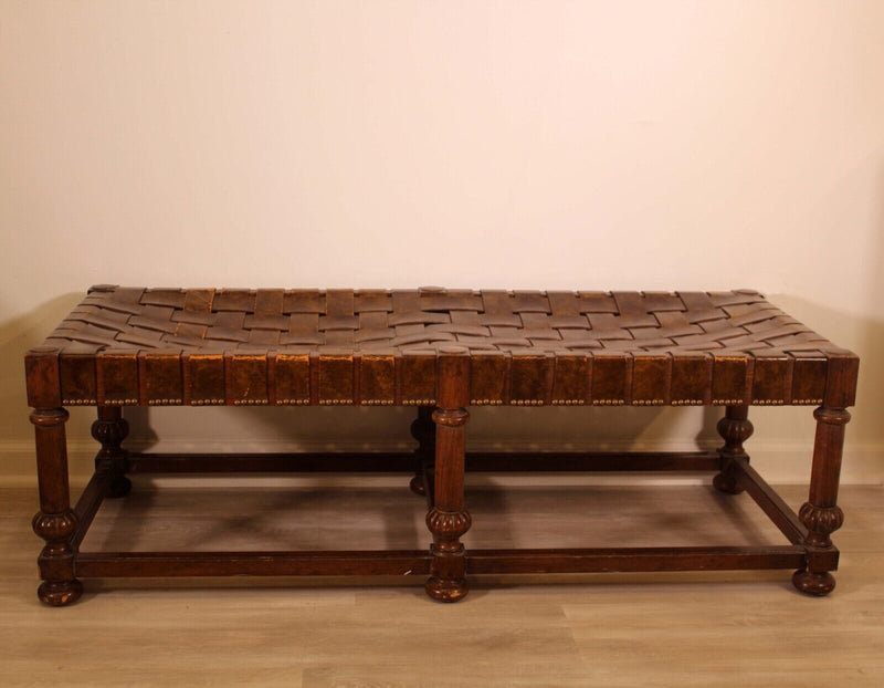 Mid Century Modern Heritage Grand Tour Leather Weave Bench