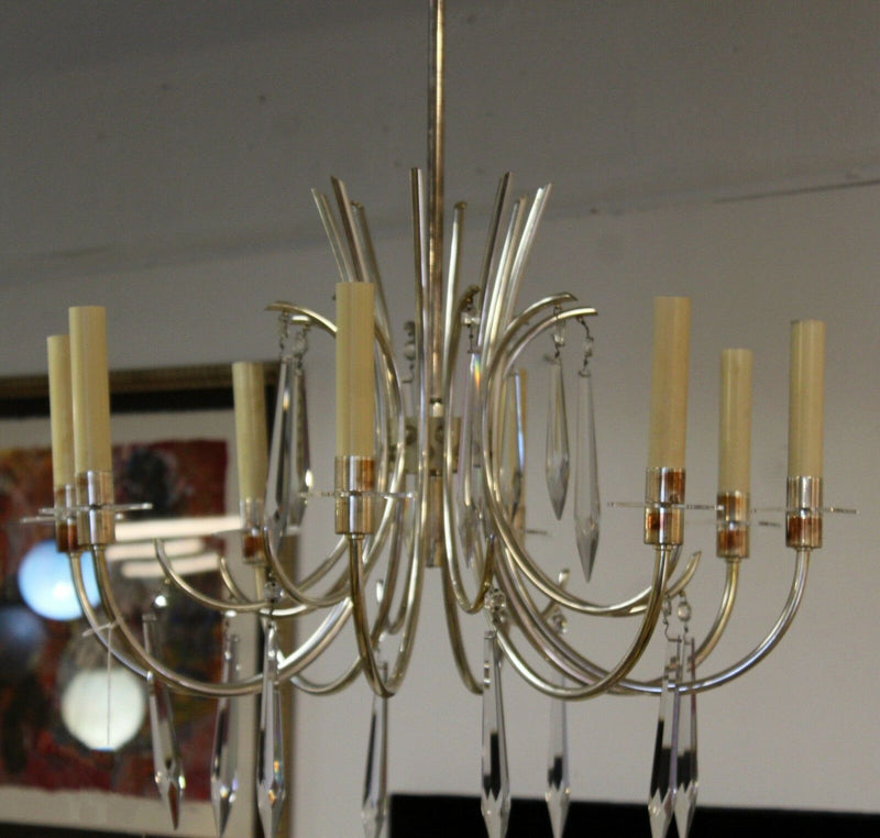 Mid Century Modern Sciolari Silver Plated Brass & Crystal Chandelier Italian