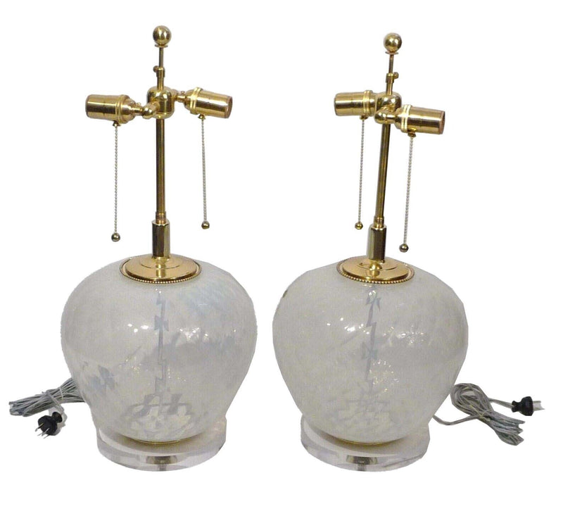 Pair of Murano Mid Century Modern Opaline Quilted XL Regency Table Lamps