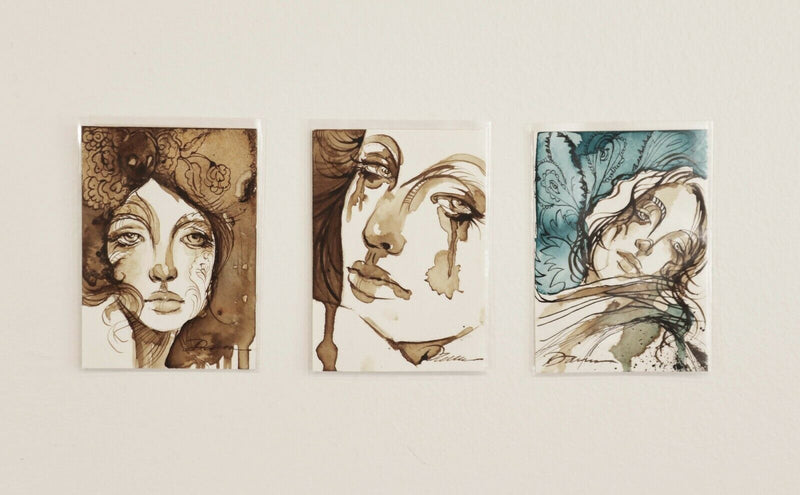 Lara Dann Set of 3 Miniature Ink Paintings on ACEO Cards Signed