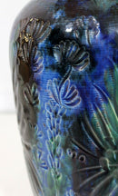 Mid Century Modern Blue Ceramic Fantoni Style Table Lamp w Original Shade Finial