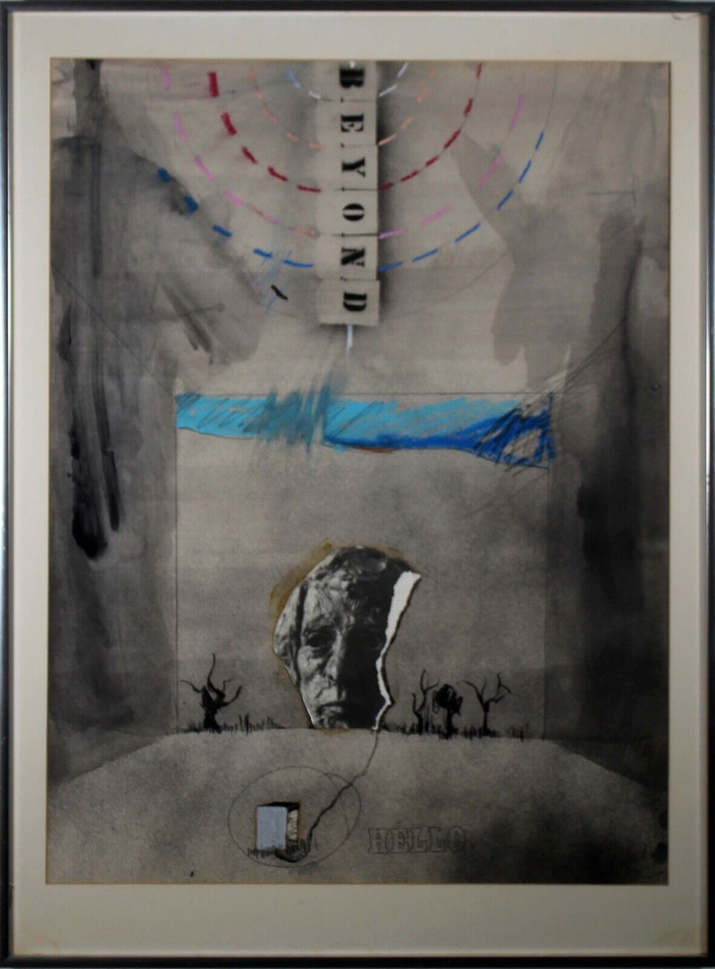 Rafael Mahdavi Beyond/Hello Mid Century Modern Collage Drawing Framed 1972
