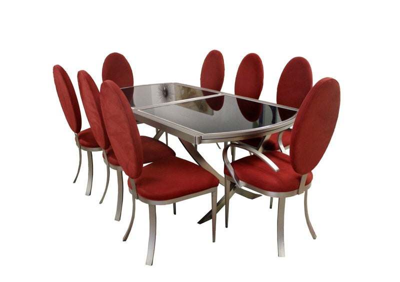 Modern Contemporary Extendable Brushed Chrome and Glass Dining Table & 8 Chairs