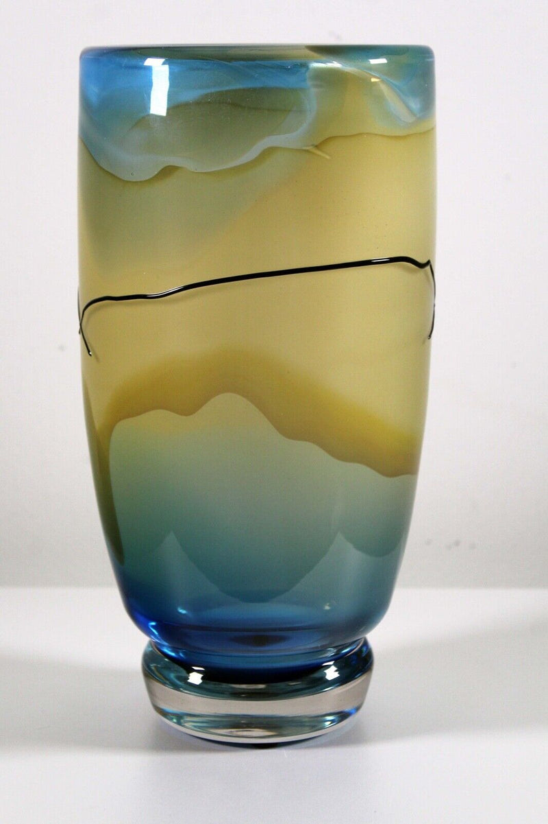 Jack Schmidt Postmodern Studio Handblown Glass Yellow and Blue Vase 1986