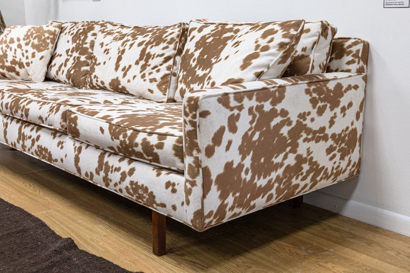 Milo Baughman Style Directional Sofa with Cow Print Fabric and Wooden Legs