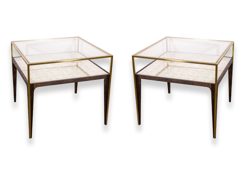Mid Century Modern Style Pair of Arhaus Square Glass Wood Brass Side End Tables