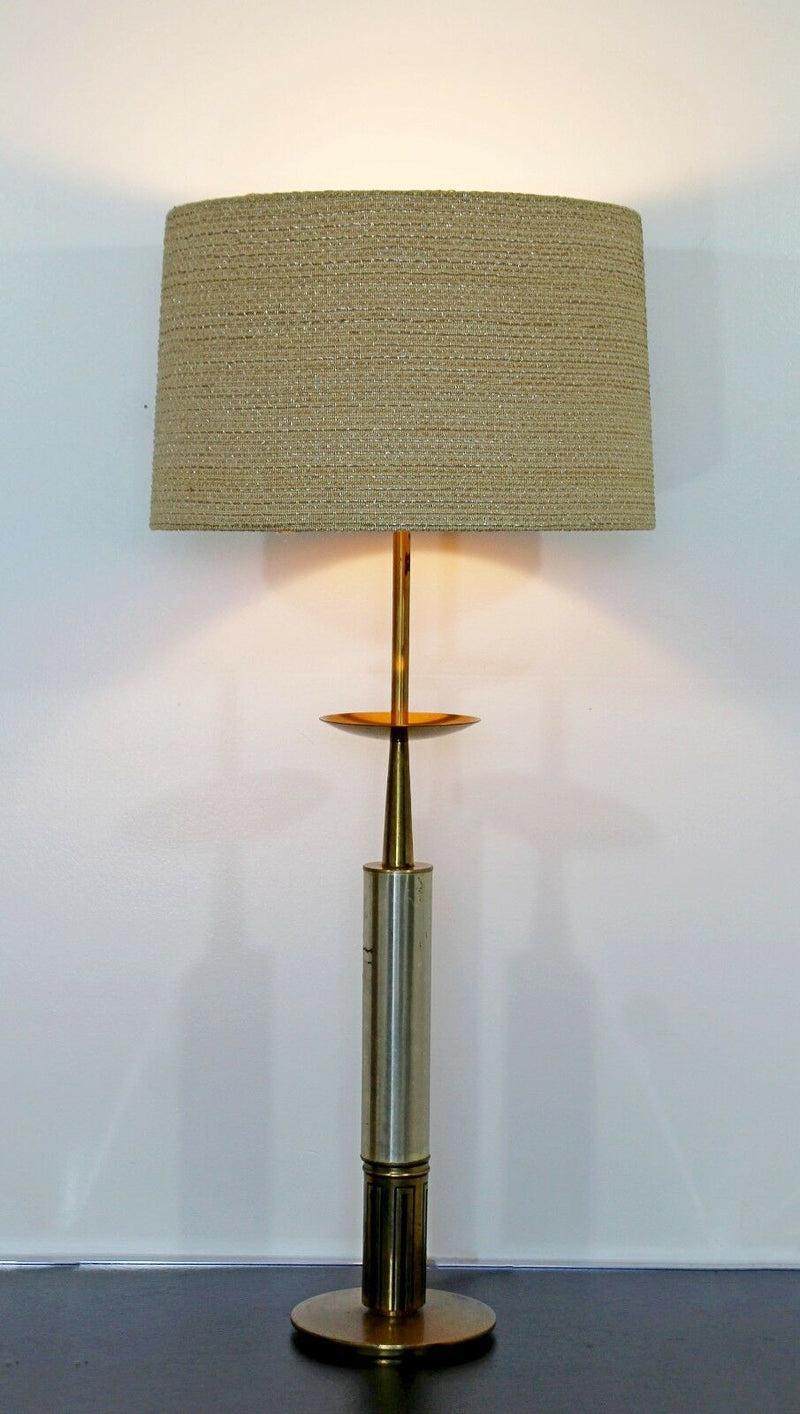Mid Century Modern Parzinger Style Brass & Silver Plate Table Lamp Orig Shade