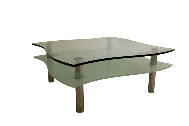 Contemporary Italian Glass and Polished Chrome 2 Tier Sculptural Coffee Table