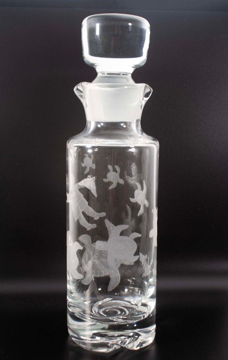 Ronald Pennell Signed Contemporary Etched Turtle Design Studio Clear Decanter
