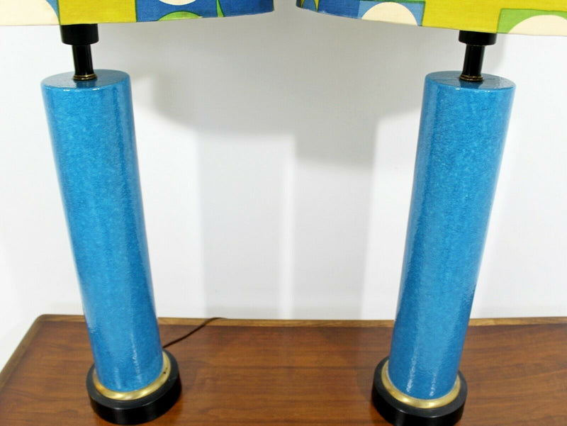 Mid Century Modern Monumental Pair of Blue Ceramic Table Lamps Panton Shades 60s