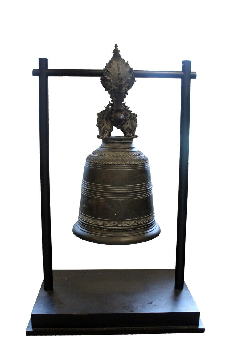 Antique Ornate Bronze Buddhist Temple Karma Bell on Stand