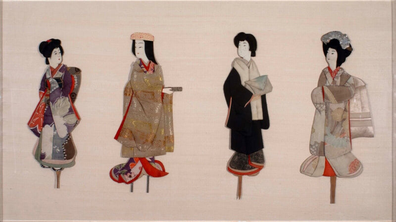 Antique Japanese Silk Brocade Oshie Art Geisha Puppet Dolls in Shadow Box Frame