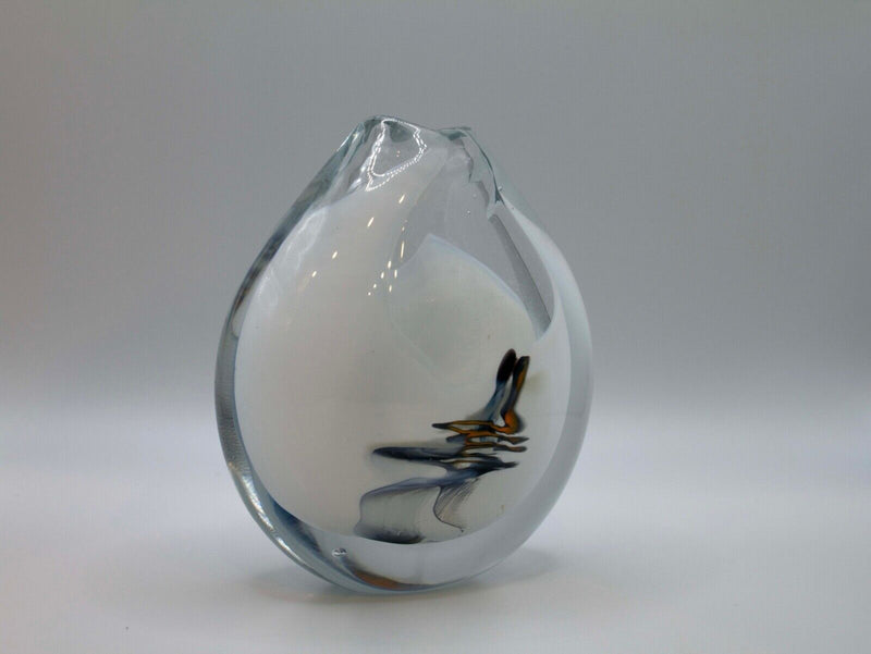 Sharon Fujimoto Modern White with Blue Swirl Design Studio Art Glass Vessel Vase