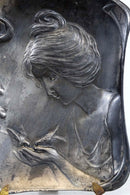 Art Nouveau Deco Antique Silver Plated Tray or Plaque Female Figure with Bird