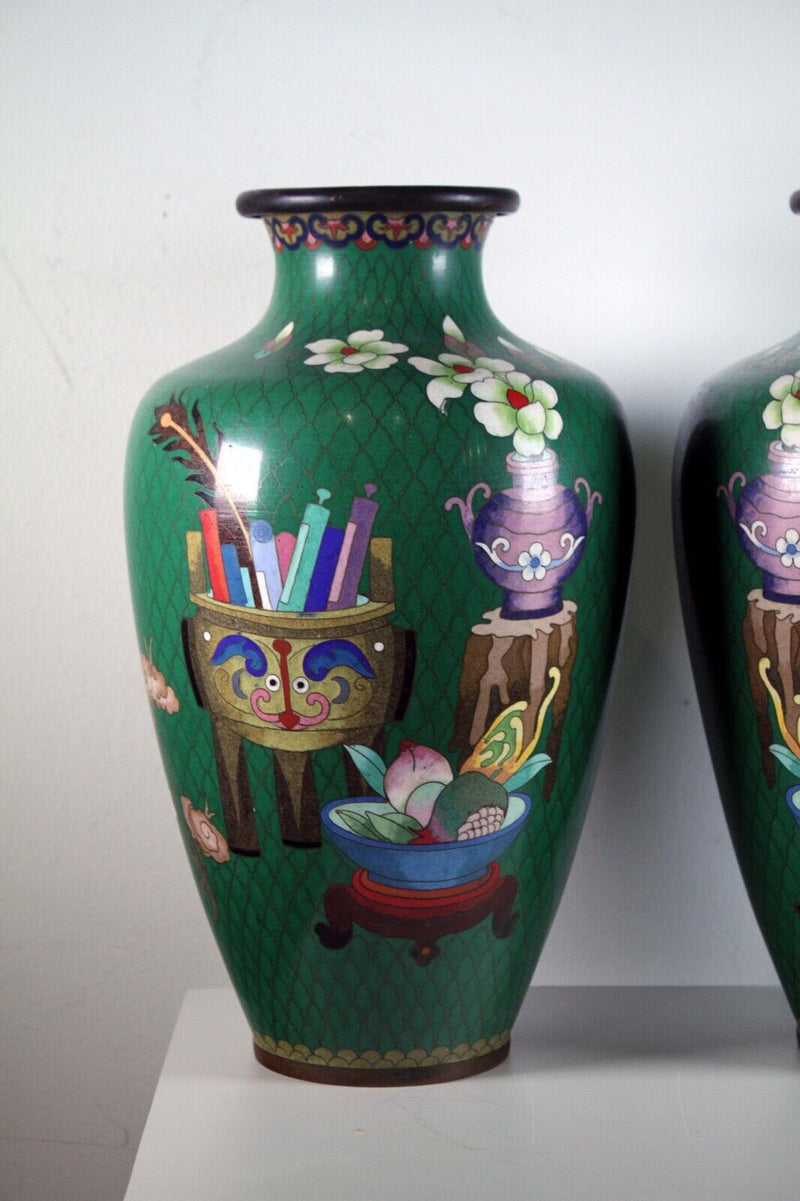 Pair of Chinese Cloisonne Vases Floral Design with Scolls & Gourd Green Art Deco