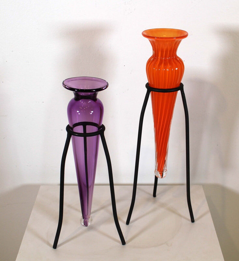 Contemporary Modern Pair of Hand Bown Art Glass Vases in Iron Holders 1980