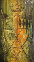 Van Hoople Family Crest Mid Century Modern Textured Painting on Board Framed