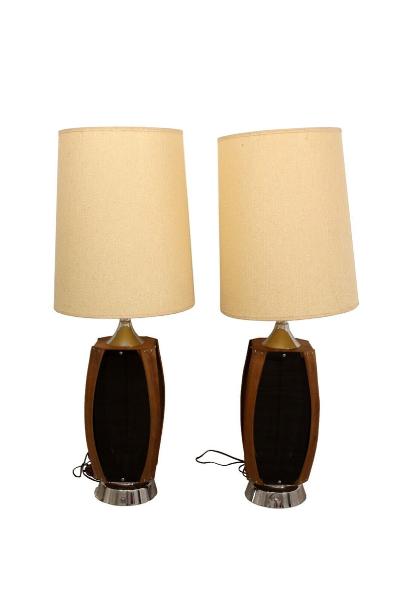 Mid Century Modern Pair of Smoked Glass & Wood 1970s Lamps