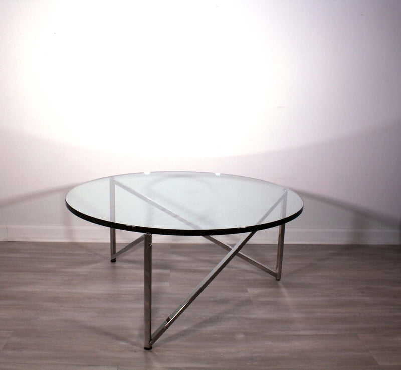 Contemporary Modern Round Glass Coffee Table Polished Stainless Steel Brueton