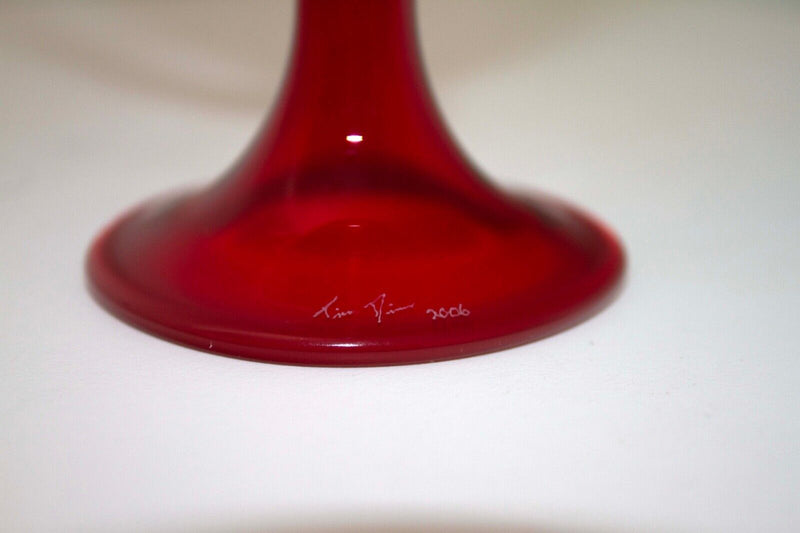 Modern Ruby Red and Clear Footed Studio Art Glass Sculpture Signed Tim 2006