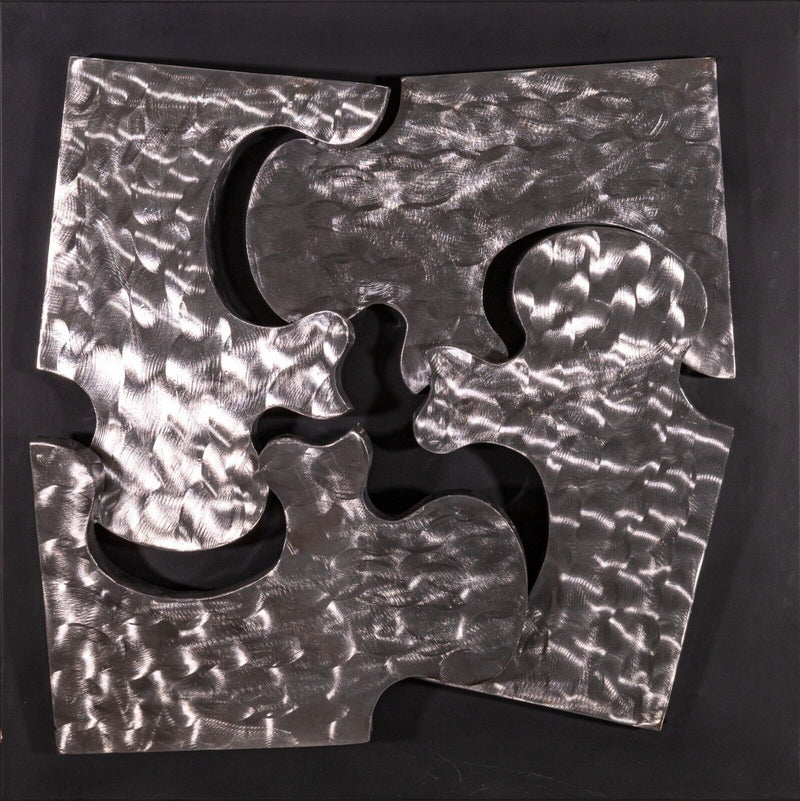 Signed Curtis Jere 1999 Pair of Puzzle Piece Brushed Metal Wall Sculptures