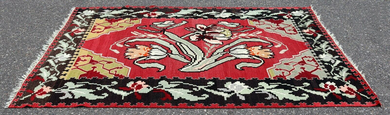 Mid Century Modern Kilim Wool Area Rug Red Hand Made in Turkey Floral Pattern