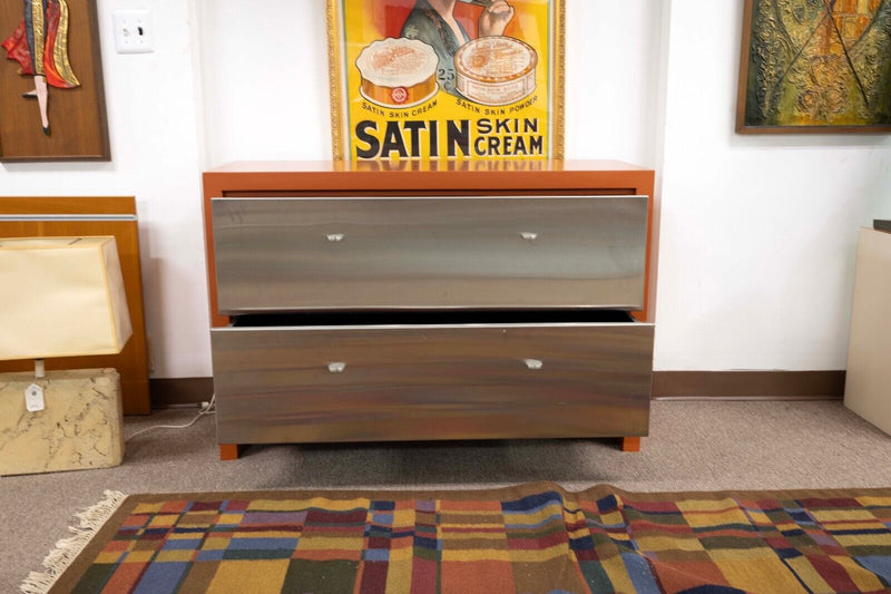 Contemporary Modern Stainless Steel and Orange Lacquer 2 Drawer Cabinet Dresser