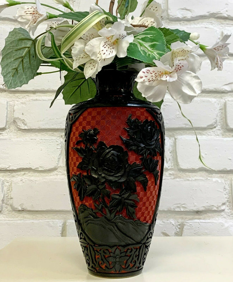 Cinnabar Stone Red and Black Oriental Asian Floral Vase Table Sculpture