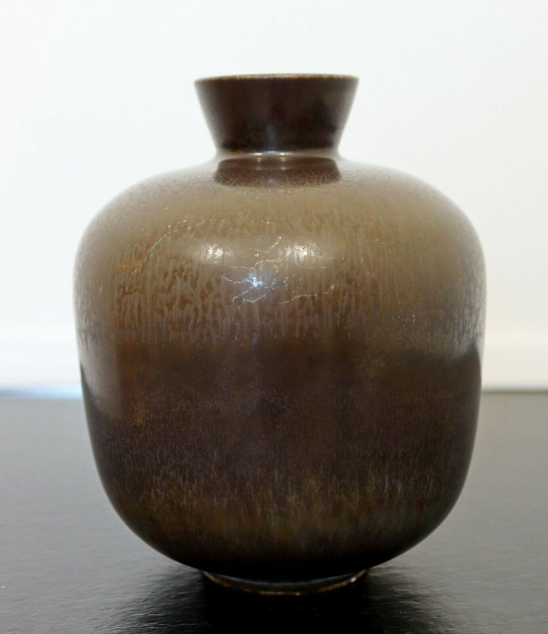 Mid Century Modern Ceramic Bowl Vase Signed Berndt Friberg Gray Hare Glaze 1960s