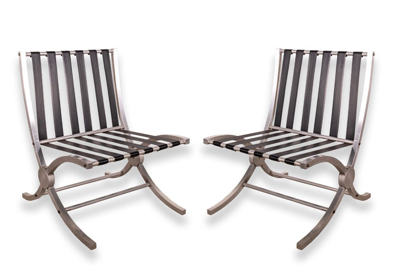 Pair of Art Deco Aluminum and Black Barcelona Style X Framed Sleek Lounge Chairs