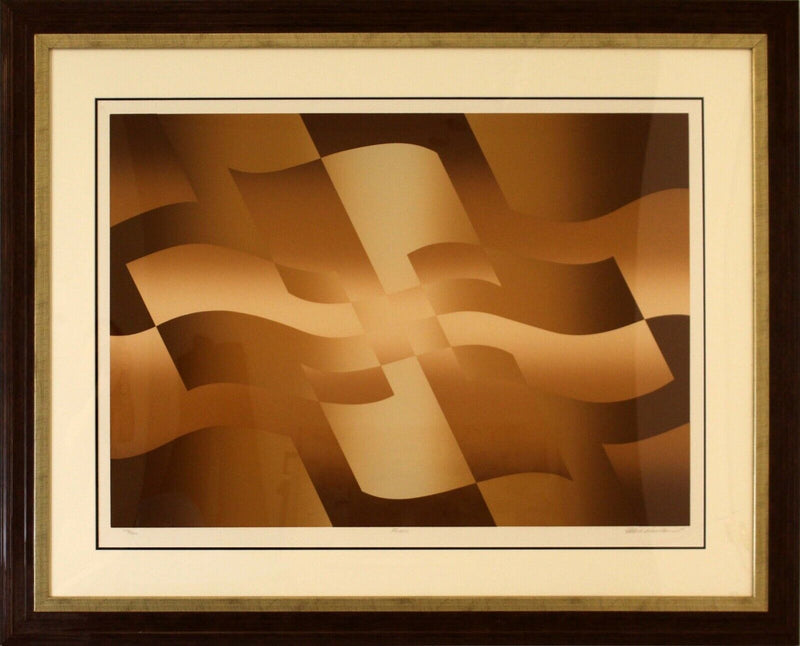 Mark Rowland Brown Op Art "Flags" Signed Lithograph Framed