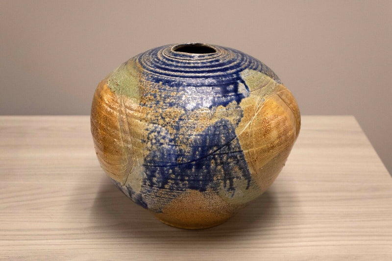 Mid Century Modern Glazed Studio Pottery Vessel Cobalt Blue with Earth Tones