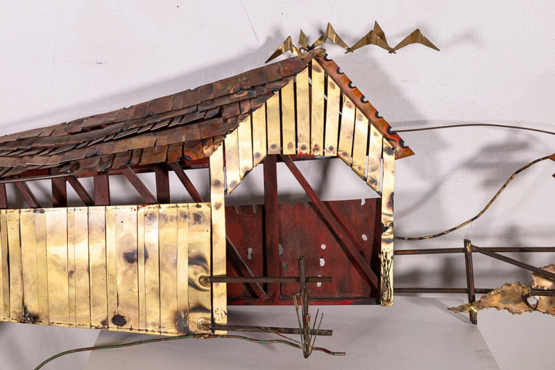 Signed Curtis Jere Covered Red Bridge Metal Wall Hanging Sculpture
