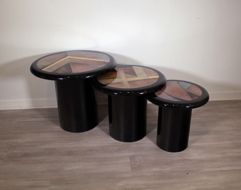 Contemporary Post Modern Set of 3x  Milano Memphis Style Pedestal Nesting Tables