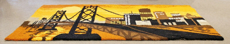 Mid Century Modern Hand Hooked Wool Fiber Wall Art Rug Bay Bridge Orange 1960s