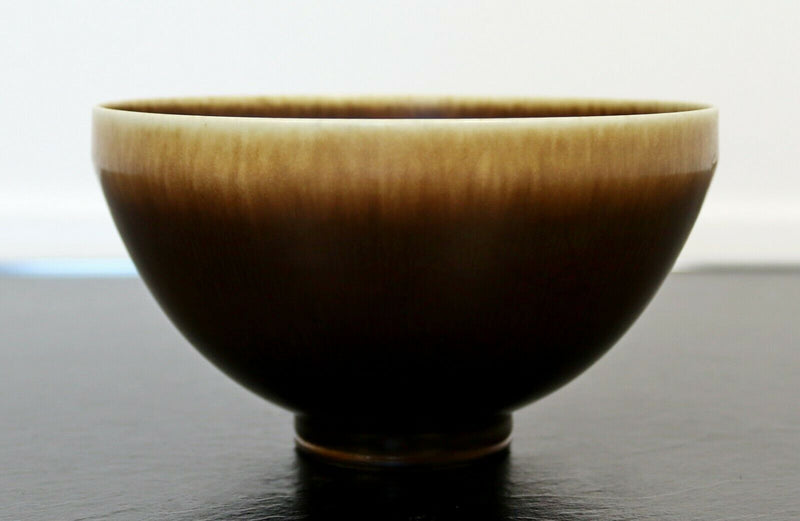 Mid Century Modern Ceramic Bowl Signed Berndt Friberg Brown Hare Glaze 1960s