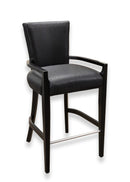Contemporary Modern Pair of Woven Black Leather and Wood Bar Height Barstools