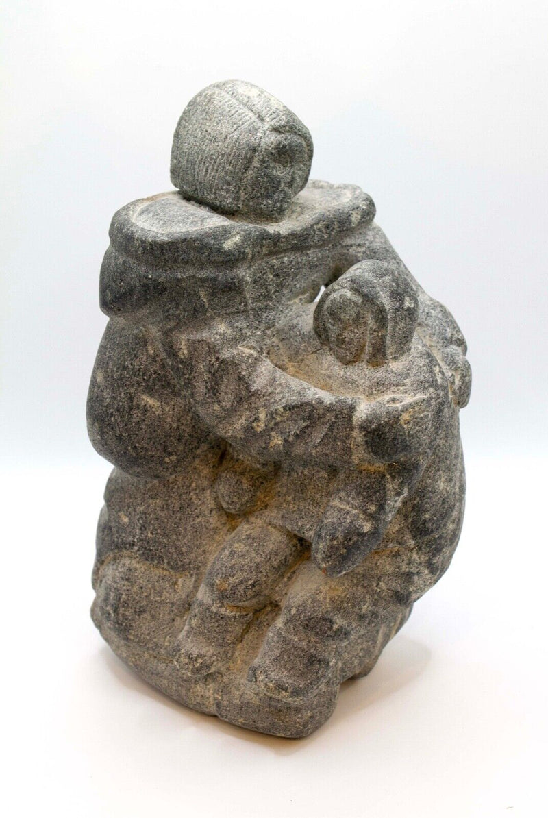 Inuit Mother & Child Grey Soapstone Carving Sculpture Native Arctic Canada
